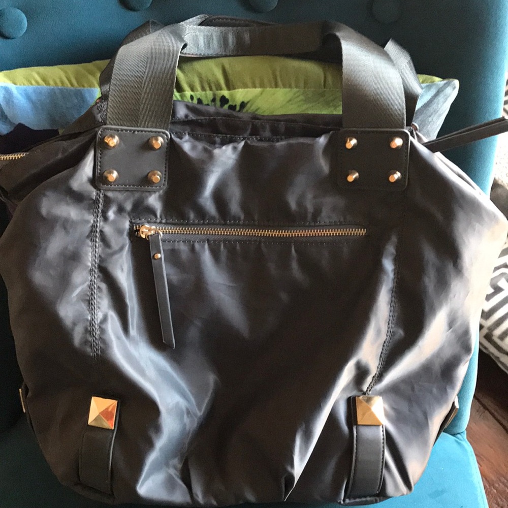 Aqua madonna slate grey nylon tote w/gold accents
